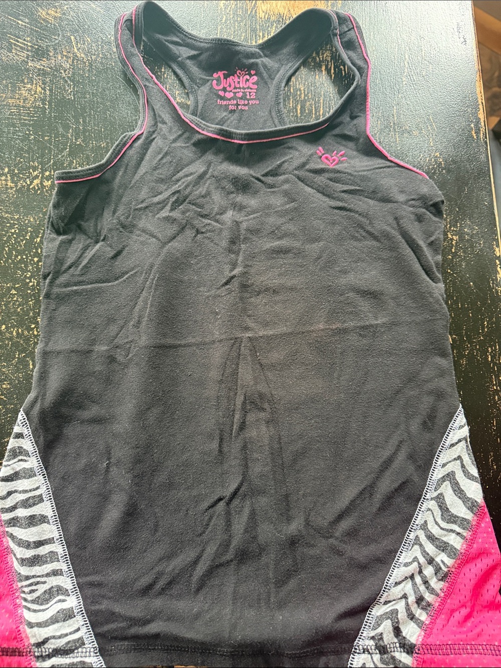 Justice Black Tank with Pink Trim and Zebra Side Panels